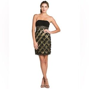 Sue Wong Empire Beaded Black Gold Cocktail Strapless Mini Dress Size 6